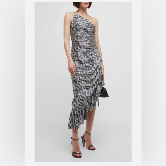 NWT Cinq A Sept Ruffled 100% Silk Midi Dress Sz 4 New Black White Asymmetric Hem - Picture 13 of 13